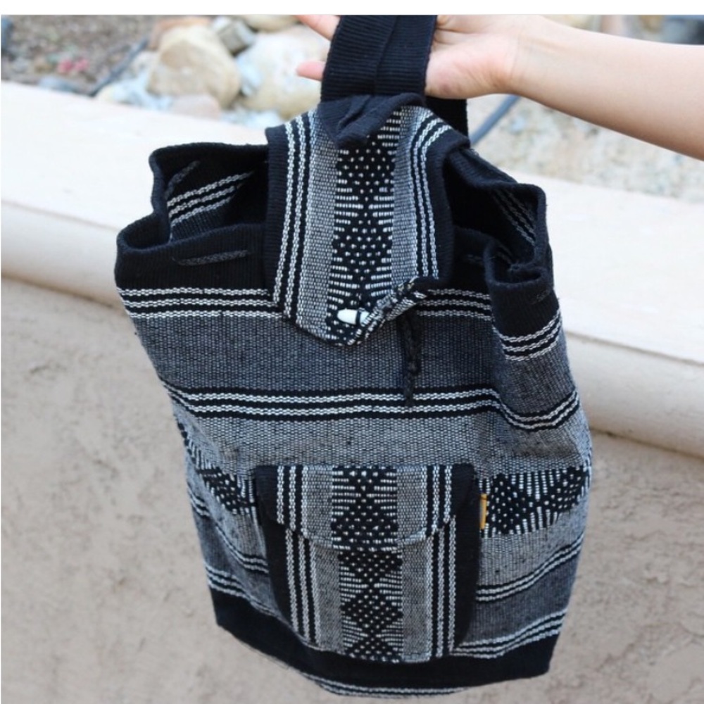 BLACK & WHITE PINZON, UNISEX,BACKPACK, WOVEN, CANVAS, DRAWSTRING, BEACH BAG